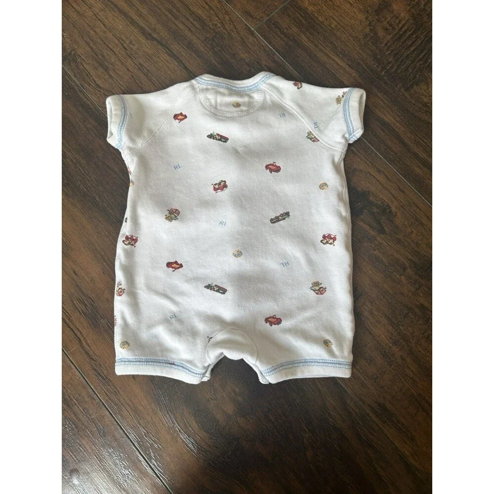 Ralph Lauren Baby Boys Romper Short Sleeve 3M Baby Toys Train Teddy Bear Button